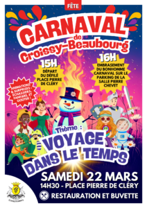 Affiche Carnaval de Croissy-Beaubourg, illustration festive et colorée pour événement familial, création graphique pour animation communale