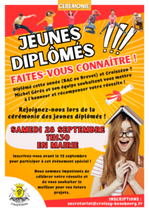 Affiche cérémonie des jeunes diplômés à Croissy-Beaubourg, graphisme événementiel dynamique pour communication municipale