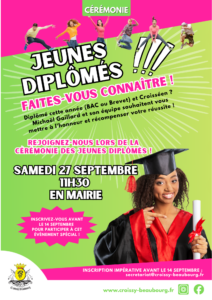Affiche de la cérémonie des jeunes diplômés de Croissy-Beaubourg, événement municipal célébrant les bacheliers et diplômés, création graphique colorée et dynamique.
