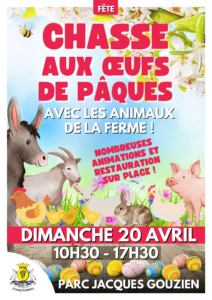 Affiche de la chasse aux œufs de Pâques à Croissy-Beaubourg, illustration festive avec animaux de la ferme, événement familial et animations pour enfants.