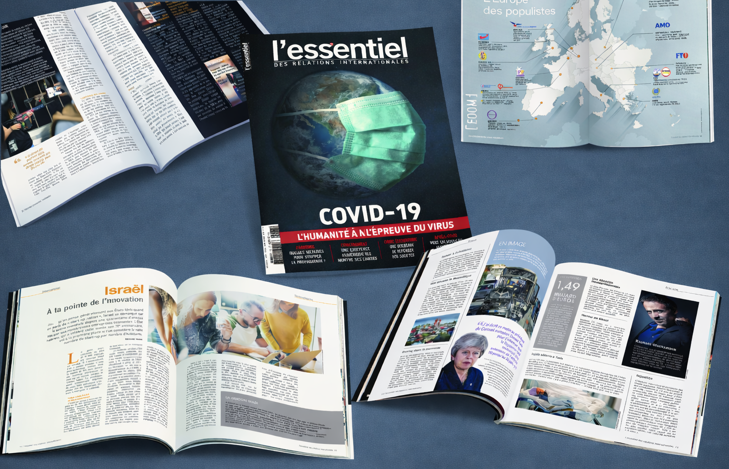 Maquettes du magazine L’Essentiel des relations internationales, incluant la couverture et des pages intérieures avec direction artistique, mise en page et travail d’iconographie.
