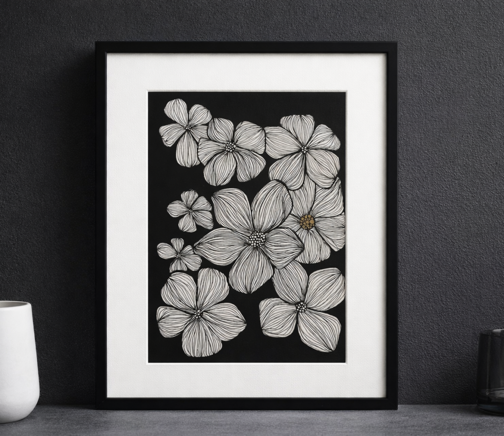 Illustration florale en noir et blanc avec une touche dorée, encadrée avec une marie-louise blanche et présentée sur un mur anthracite mat.