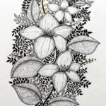 Illustration botanique en noir et or, aux formes végétales détaillées.