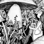 dessins en noir et blanc de Alice assise dans la végétation.