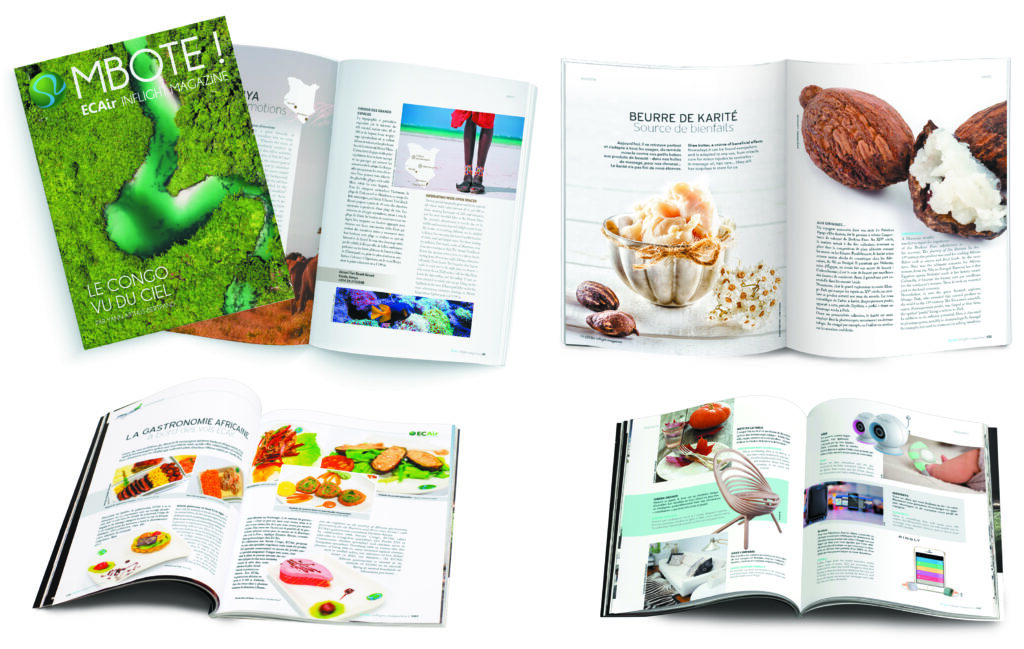 Magazine inflight Mboté pour la compagnie ECAir, montrant la couverture et plusieurs doubles pages intérieures consacrées au voyage, à la gastronomie et à l’art de vivre en Afrique centrale.