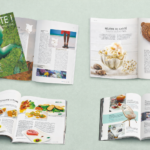 Magazine inflight Mboté pour la compagnie ECAir, montrant la couverture et plusieurs doubles pages intérieures consacrées au voyage, à la gastronomie et à l’art de vivre en Afrique centrale.