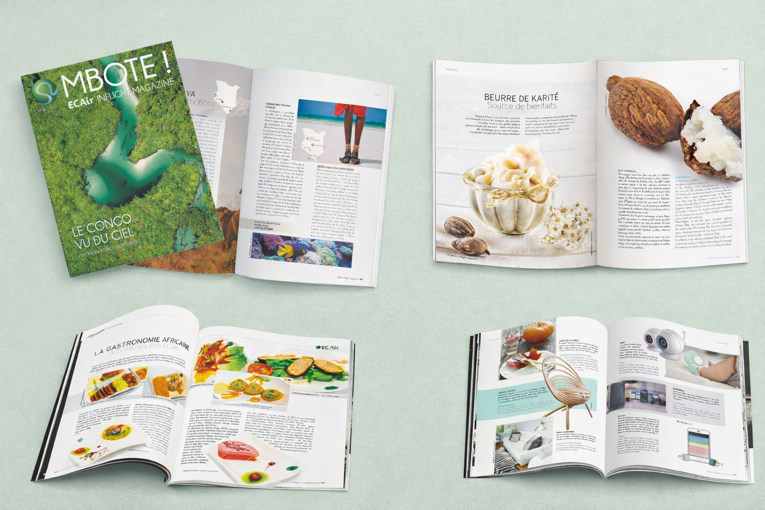 Magazine inflight Mboté pour la compagnie ECAir, montrant la couverture et plusieurs doubles pages intérieures consacrées au voyage, à la gastronomie et à l’art de vivre en Afrique centrale.