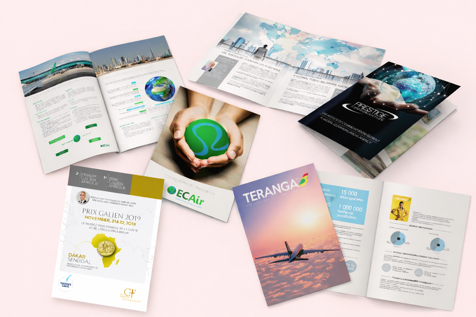 Ensemble de plaquettes et brochures de communication imprimées, présentant des projets éditoriaux et institutionnels réalisés pour différents clients.