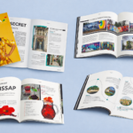 Maquettes du magazine inflight TERANGA pour Air Sénégal, présentant la couverture et plusieurs doubles pages avec mise en page éditoriale, photographies et infographies, en version bilingue français-anglais.