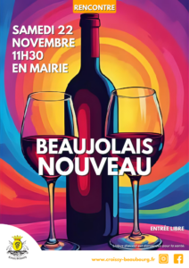 Affiche Beaujolais Nouveau à Croissy-Beaubourg, illustration graphique colorée avec bouteille et verres de vin, création d’affiche pour événement communal