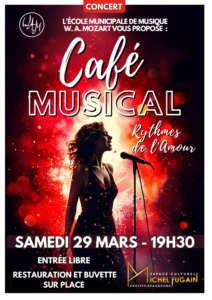 Affiche Café Musical à Croissy-Beaubourg, visuel de concert avec chanteuse et ambiance lumineuse, graphisme culturel pour un événement de l'école municipale de musique.