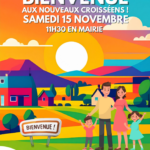 Affiche municipale de bienvenue aux nouveaux habitants de Croissy-Beaubourg, illustration graphique d’une famille dans un paysage stylisé et coloré.