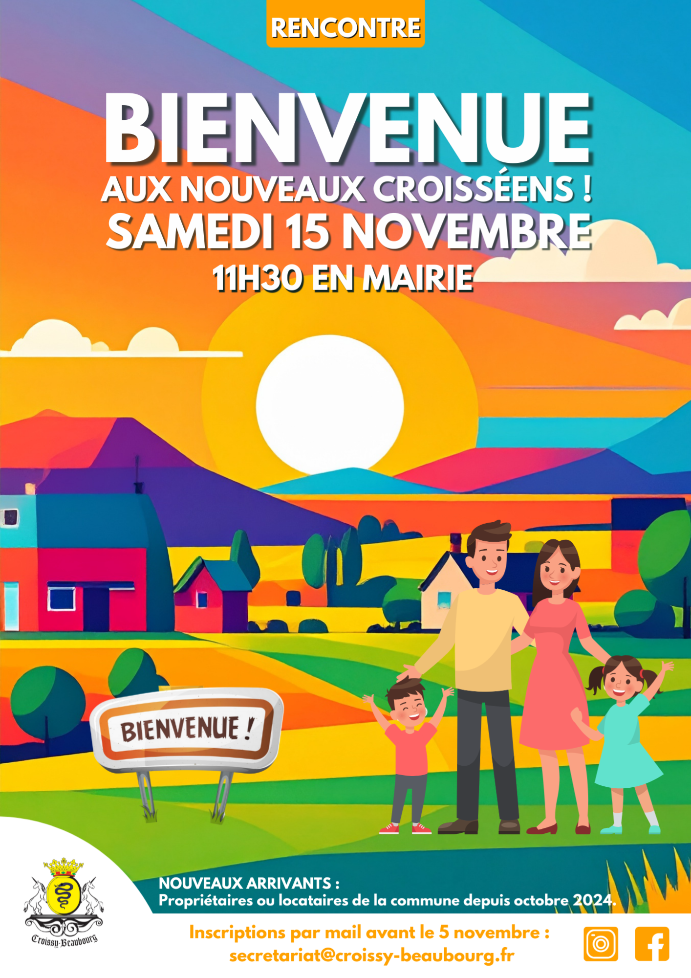 Affiche municipale de bienvenue aux nouveaux habitants de Croissy-Beaubourg, illustration graphique d’une famille dans un paysage stylisé et coloré.