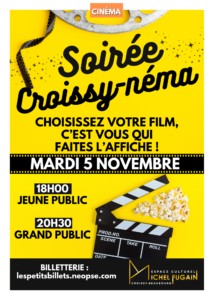 Affiche de soirée cinéma Croissy’néma à Croissy-Beaubourg, graphisme jaune avec clap de cinéma, événement culturel participatif pour jeune et grand public.