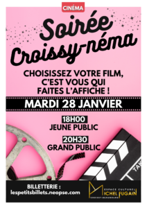 Affiche de soirée cinéma Croissy’néma à Croissy-Beaubourg, déclinaison graphique rose autour du cinéma, projection participative tous publics.