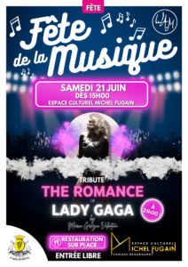 Affiche de la Fête de la musique à Croissy-Beaubourg, concert tribute Lady Gaga, création graphique musicale avec scène, public et ambiance festive.