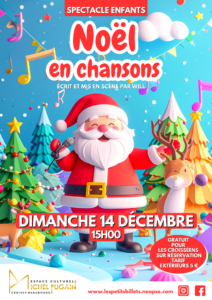 Affiche du spectacle enfants Noël en chansons à Croissy-Beaubourg avec le Père Noël, animations musicales et décor festif.