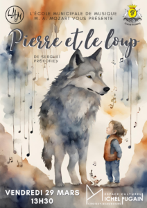 Affiche du spectacle musical « Pierre et le loup » de Sergueï Prokofiev à l’Espace culturel Michel Fugain, illustration à l’aquarelle d’un loup et d’un enfant
