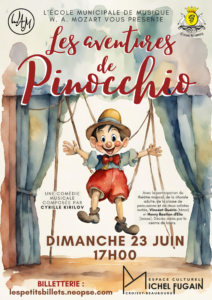 Affiche de la comédie musicale « Les aventures de Pinocchio » présentée à Croissy-Beaubourg, illustration aquarelle du personnage de Pinocchio sur une scène de théâtre