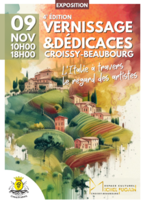 Affiche de l’exposition « Vernissage et dédicaces » à Croissy-Beaubourg, illustration artistique de paysages italiens aux couleurs chaudes
