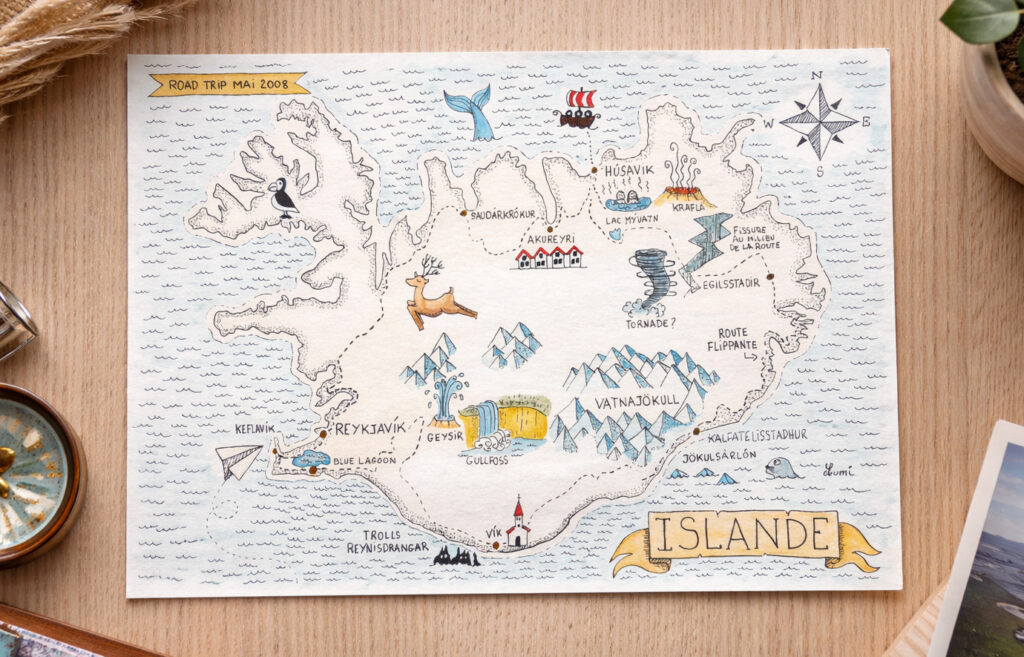 Carte illustrée de l’Islande représentant un itinéraire de road trip, posée sur une surface en bois clair.