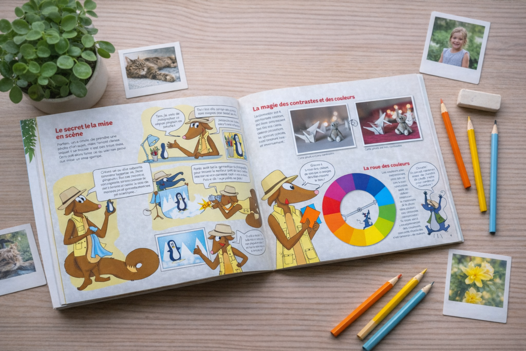 Pages intérieures ouvertes du livre jeunesse « CLIC ! Le manuel des petits photographes » sur une table en bois clair, accompagnées d’une plante verte et de deux polaroids, mettant en valeur le contenu illustré.