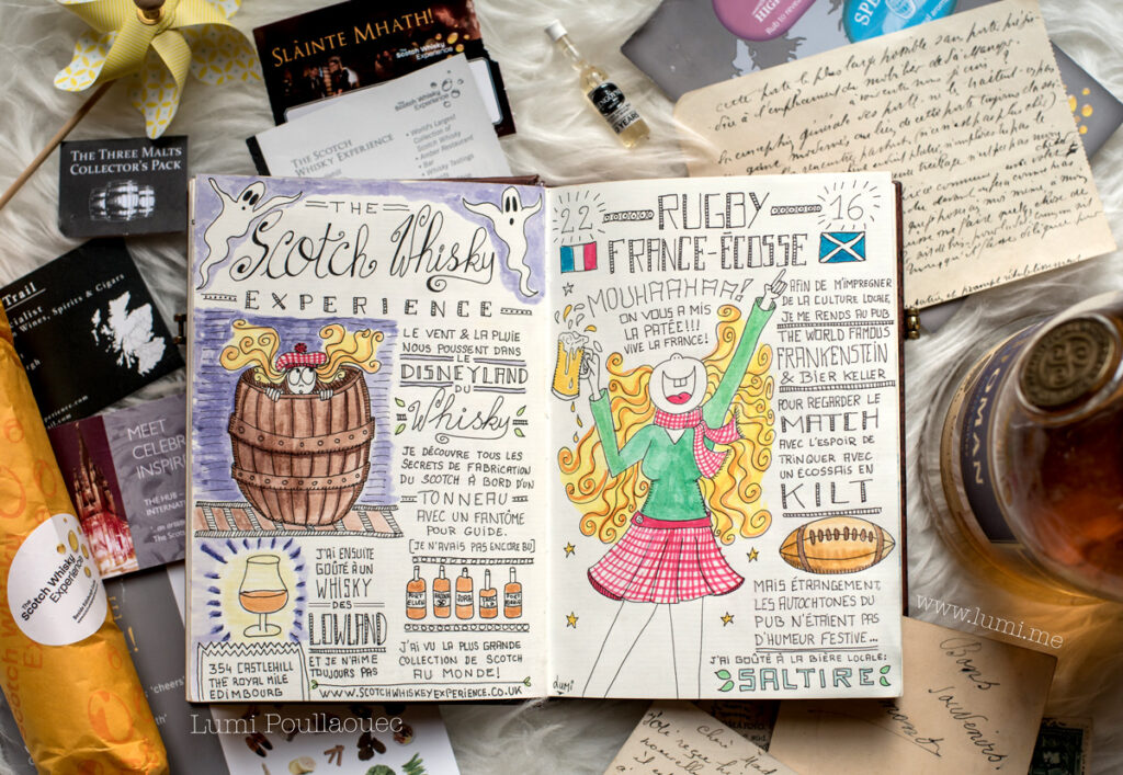 Double page illustrée d’un carnet de voyage à Édimbourg autour du whisky, avec dessins, typographie manuscrite et scènes de dégustation.