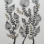 Illustration botanique à l’encre noire et feutre or, motifs végétaux stylisés dessinés à la main