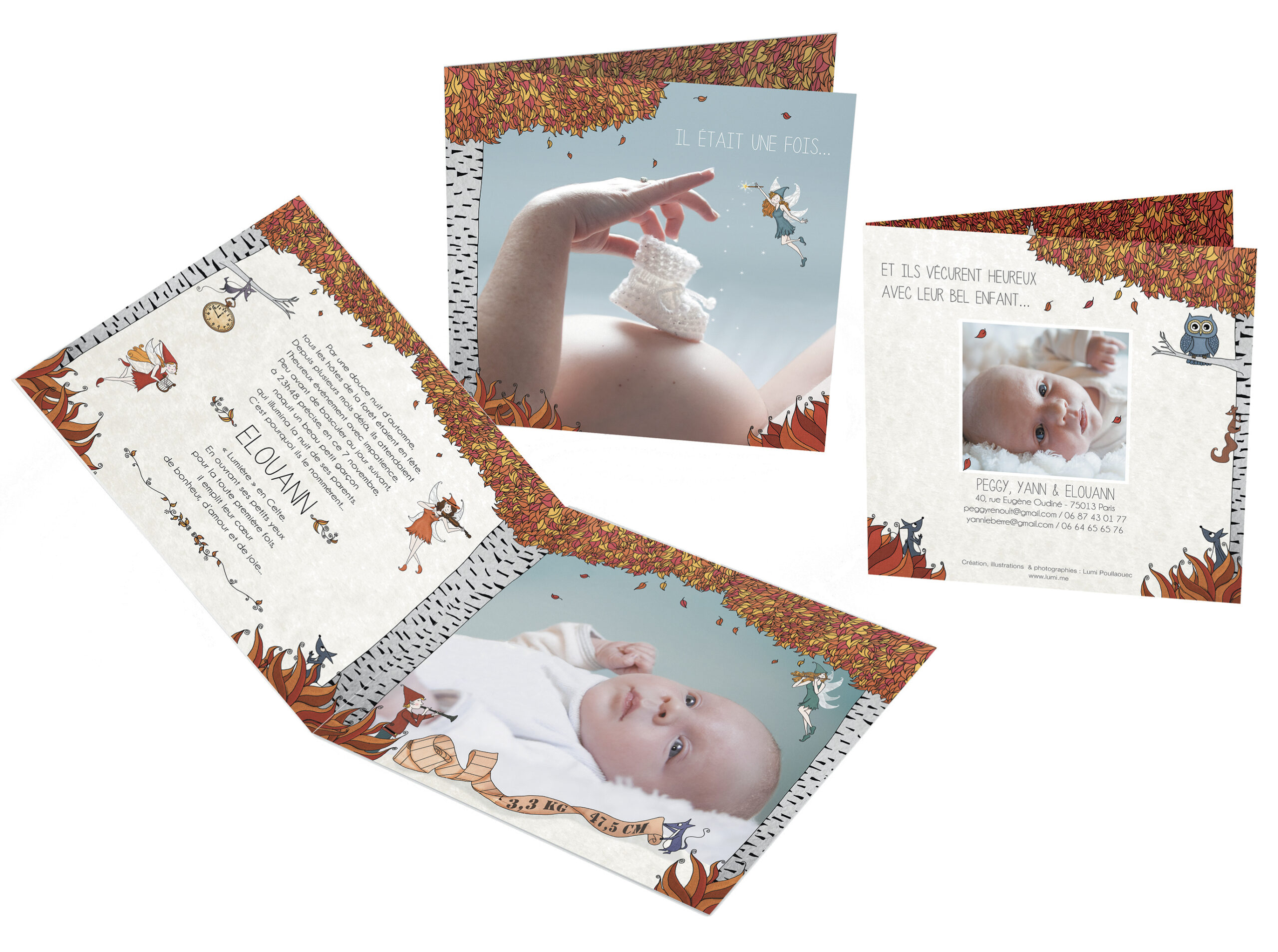Faire-part de naissance sur mesure avec illustrations, mise en page et photographies originales
