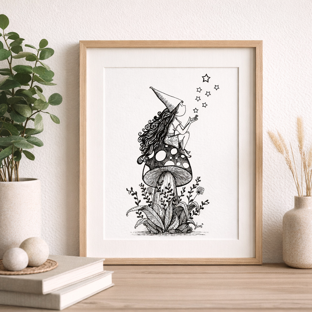 Illustration en noir et blanc représentant une figure stylisée assise sur un champignon, soufflant des étoiles, dans une scène végétale au dessin graphique.