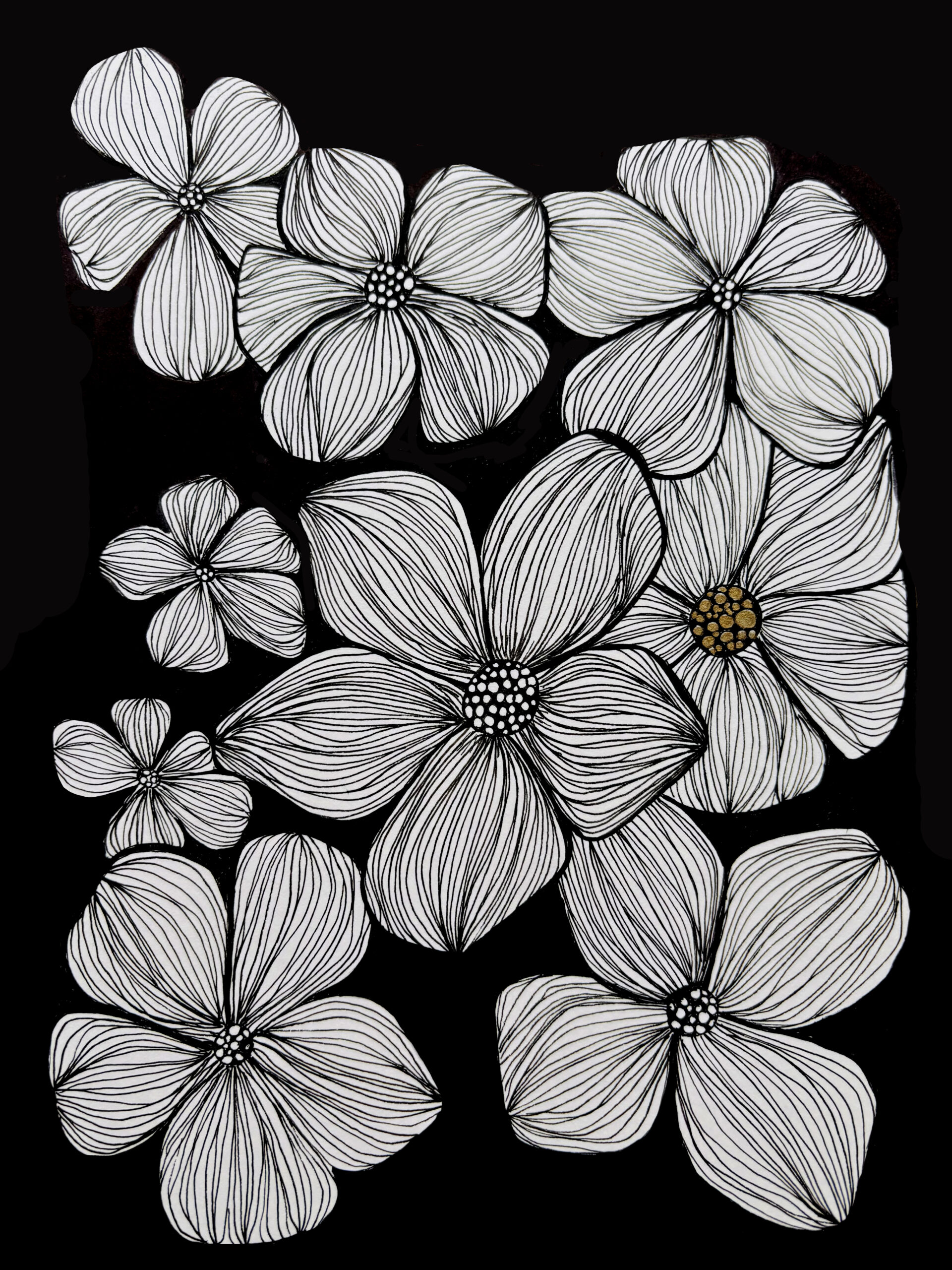 Illustration florale en noir et blanc avec une touche dorée.