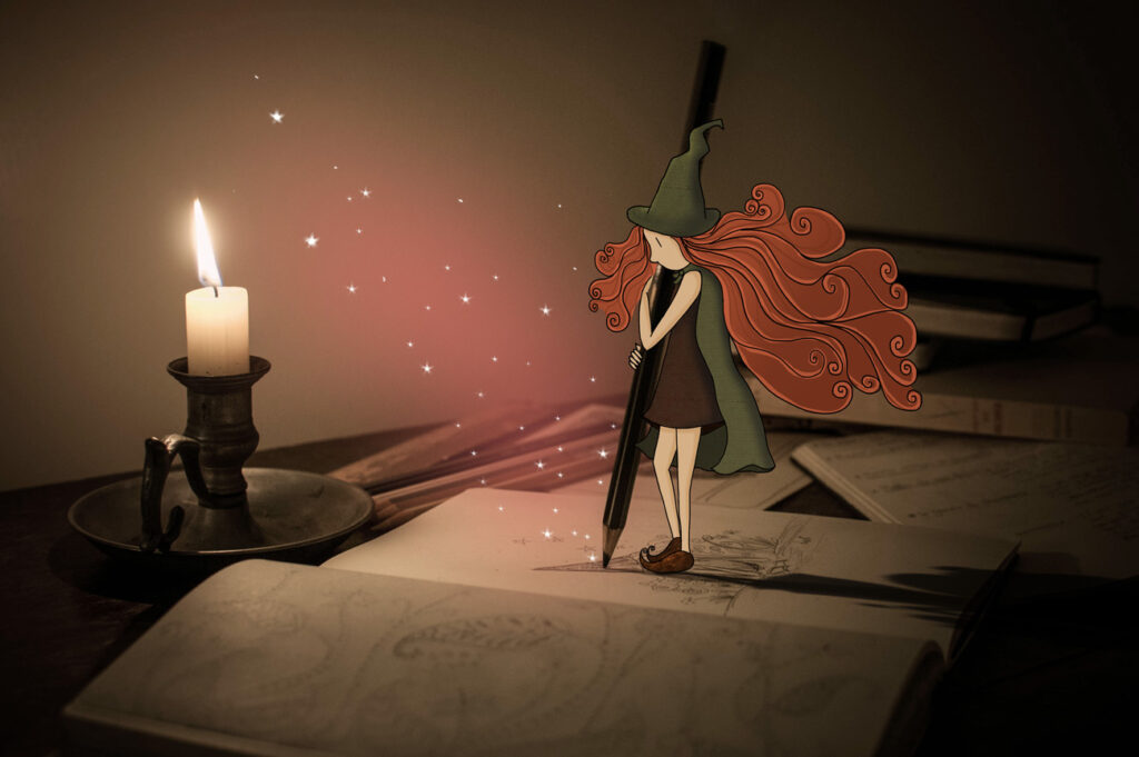 Illustration d’une jeune fille tenant un crayon, intégrée à une photographie d’un carnet ouvert éclairé par une bougie.