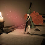 Illustration d’une jeune fille tenant un crayon, intégrée à une photographie d’un carnet ouvert éclairé par une bougie.