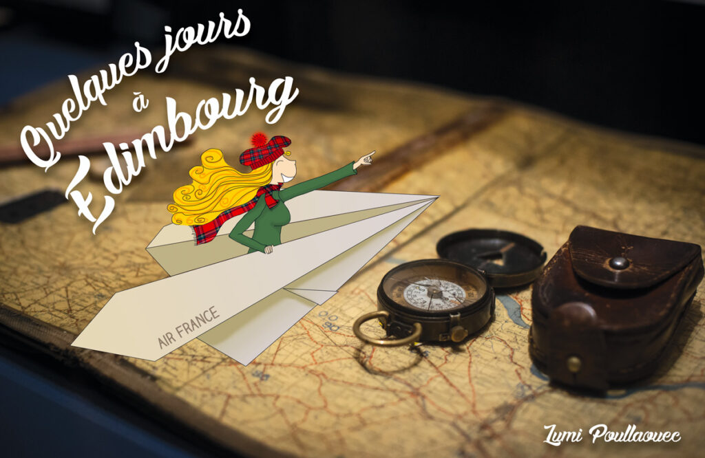 Illustration d’un personnage voyageant sur un avion en papier posée sur une carte, représentant un départ pour Édimbourg.