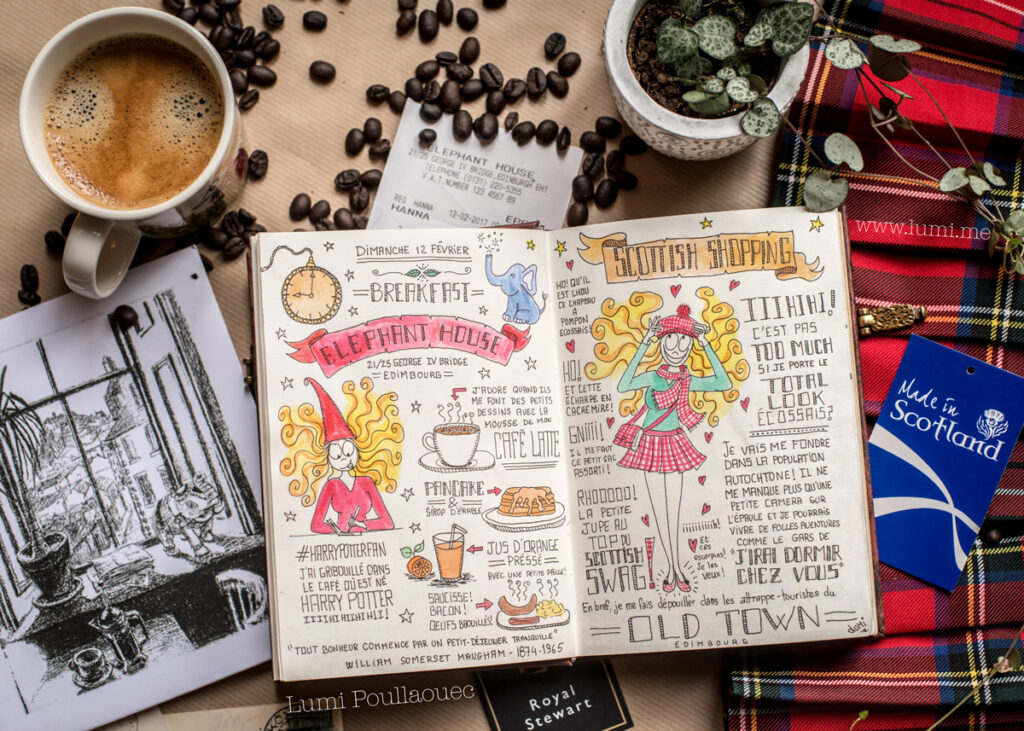Double page d’un carnet de voyage illustré à Édimbourg sur un café, avec dessins, notes manuscrites et ambiance du quotidien.