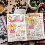 Double page d’un carnet de voyage illustré à Édimbourg sur un café, avec dessins, notes manuscrites et ambiance du quotidien.