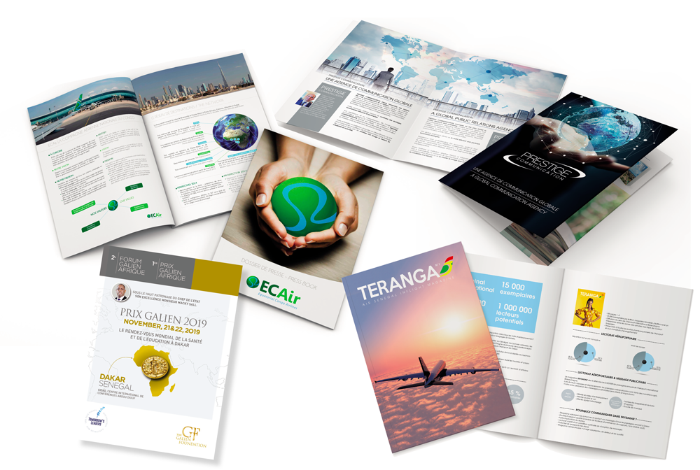 Ensemble de plaquettes et brochures de communication imprimées, présentant des projets éditoriaux et institutionnels réalisés pour différents clients.