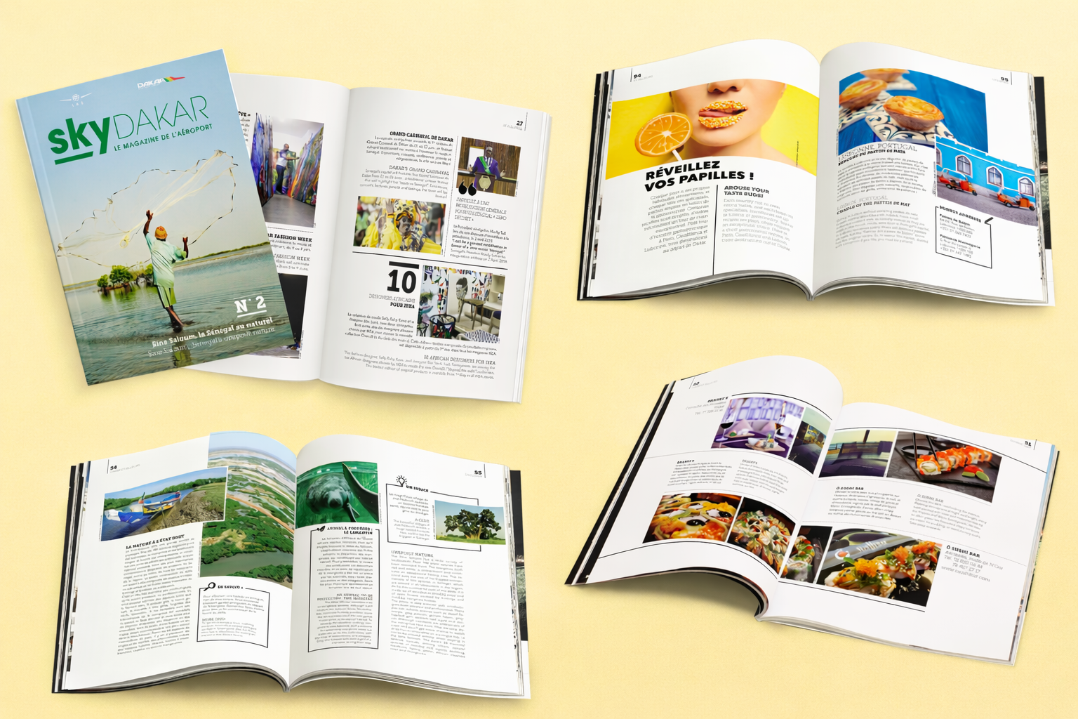 Maquettes du magazine inflight TERANGA pour Air Sénégal, présentant la couverture et plusieurs doubles pages avec mise en page éditoriale, photographies et infographies, en version bilingue français-anglais.