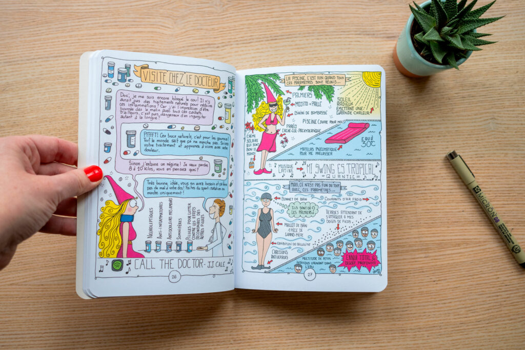 Double page illustrée du livre Adieu graisse ! montrant une visite chez le médecin et une scène de piscine, posée sur une table en bois
