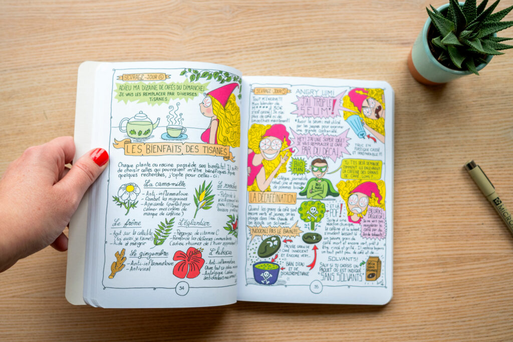 Pages intérieures du livre Adieu graisse ! avec dessins humoristiques sur les tisanes, le café et les petits combats du quotidien